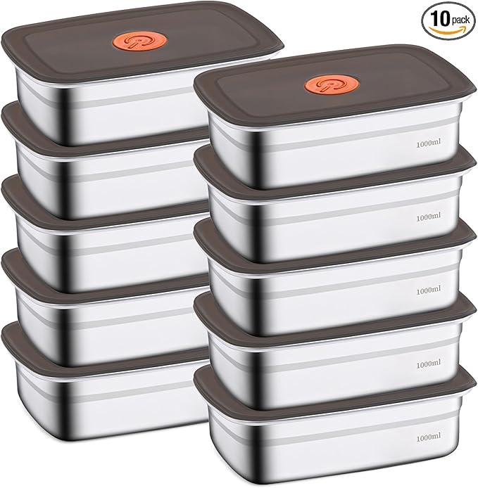 10 Pack Stainless Steel Food Storage Containers with Leak-Proof Lids, 34oz Reusable Metal Meal Prep Lunch Boxes, Stackable, BPA-Free, Dishwasher Safe for Snacks, Fruits & On-the-Go Meals