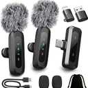 Upgraded 2 Pack Mini Clip on Microphone With LED Display, Wireless Lavalier Microphone for iPhone, HD Noise Cancelling, Portable Lapel Mic for Recording Video Podcast Vlogg Content Creator interview