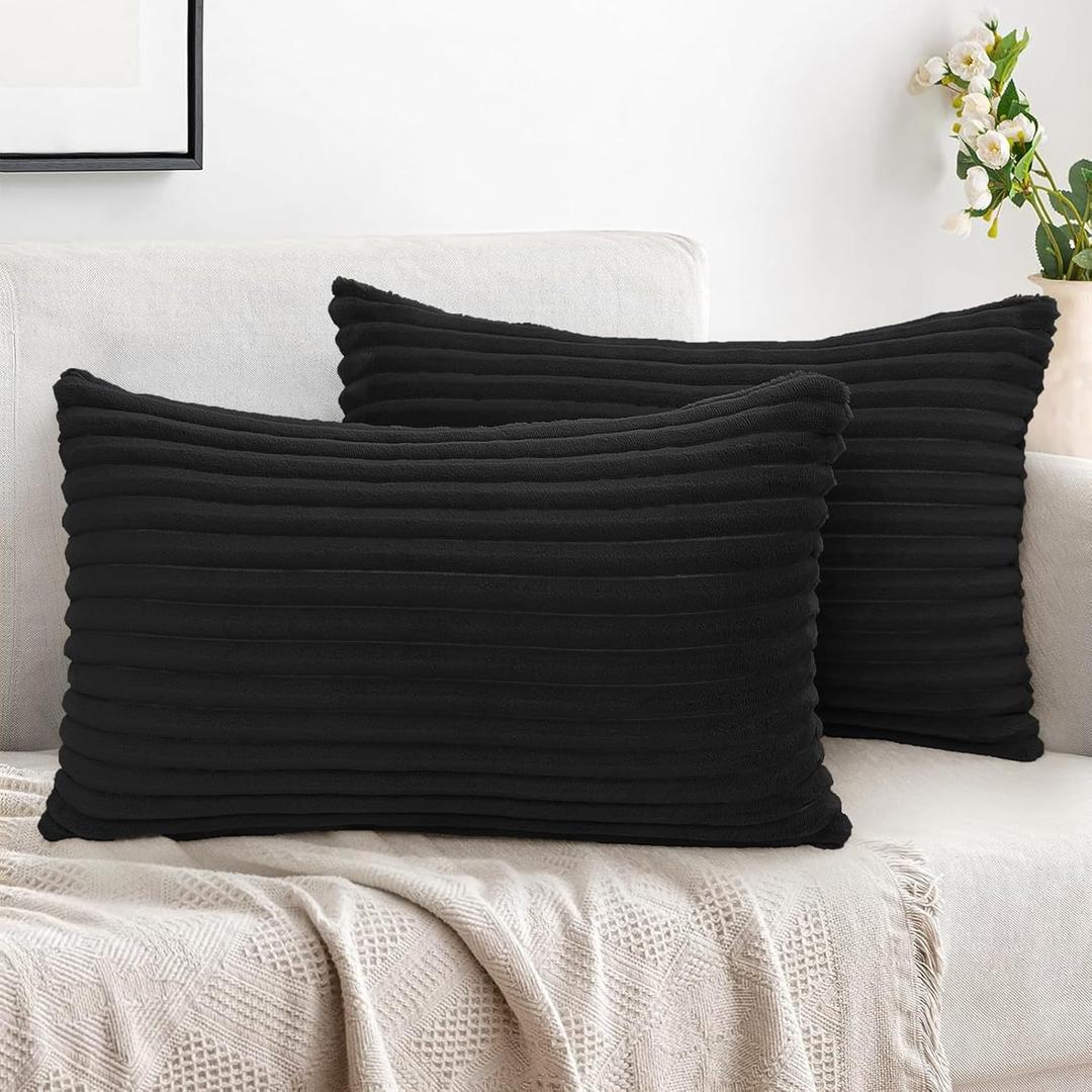 Simmore Decorative Throw Pillow Covers 12x20 Set of 2, Soft Neutral Plush Flannel Double-Sided Fluffy Lumbar Pillow Covers for Couch Sofa Living Room Home Decor, Black