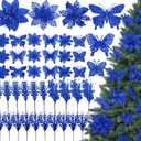 Realspring 64 Pcs Poinsettia Christmas Decorations Artificial Poinsettia Flowers Glitter Berry Picks Butterfly Christmas Tree Ornament Kit with Clips for DIY Floral Wreath Party Xmas Tree Decor(Blue)