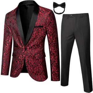 Mens 2 Piece Floral Tuxedo Jacket Paisley Shawl Lapel Suit Blazer Jacket for Dinner,Prom,Wedding (Burgundy)