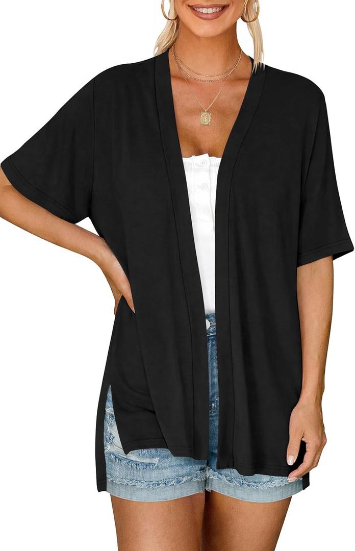 Yincro Women's Short Sleeve Cardigan Summer Lightweight Open Front Casual Soft Cardigans (Black, XL)
