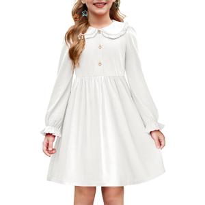 Arshiner Girls Long Sleeve Dress Fall Winter Ruffle Peter Pan Collar Front Button Casual Cotton Dresses (6-7 Years, White)