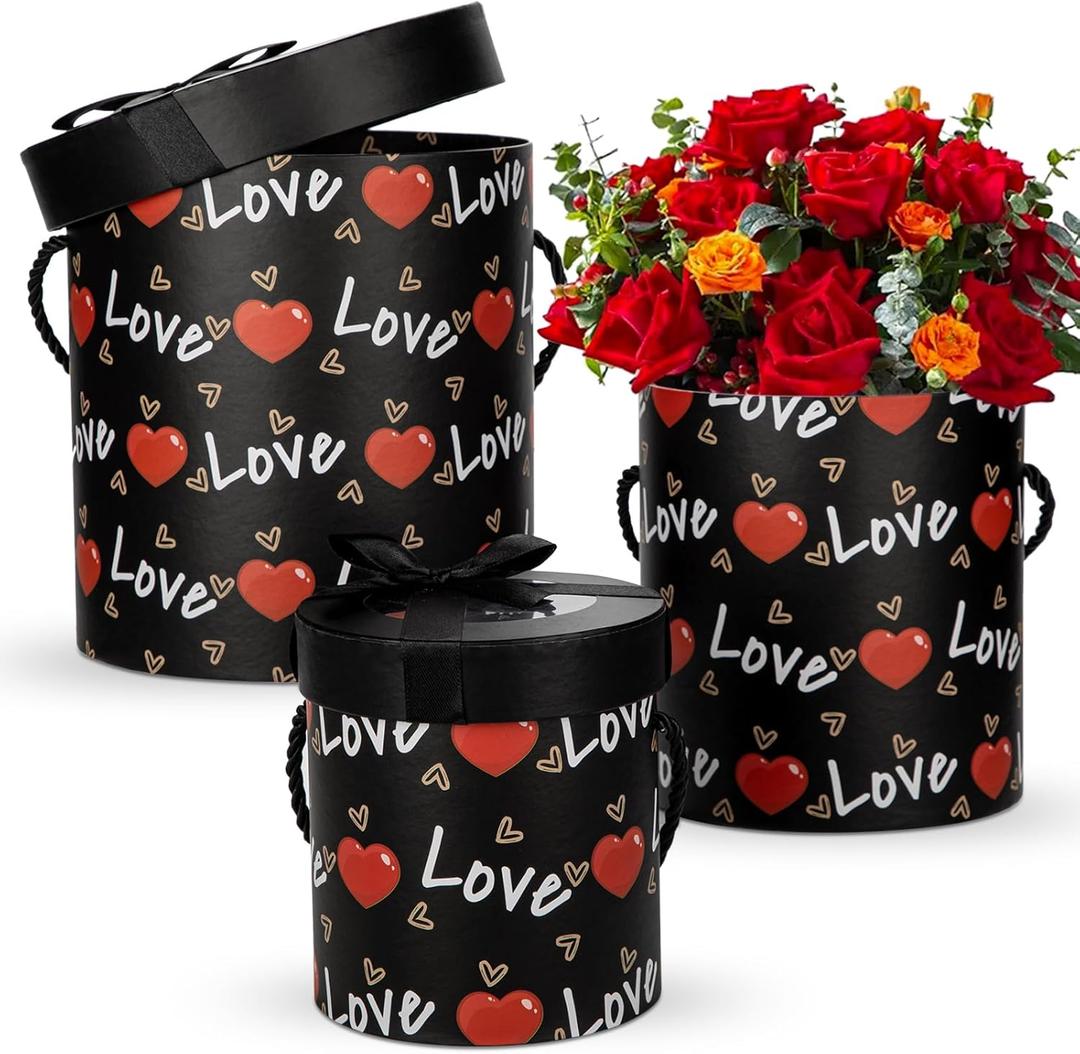 Hollyone Valentine Gift Box for Women Men with Lids Set of 3 Round Nesting Gift Boxes Cylinder for Presents 3 Assorted Size Flowers Arrangements Boxes for Giving Valentine Gifts Present Wrapping Black (Black and White)
