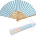 50pcs Paper Hand Fan with Organza Bags Bamboo Handheld Folding Fan DIY Decorative Wedding Party Favors (Light Blue)