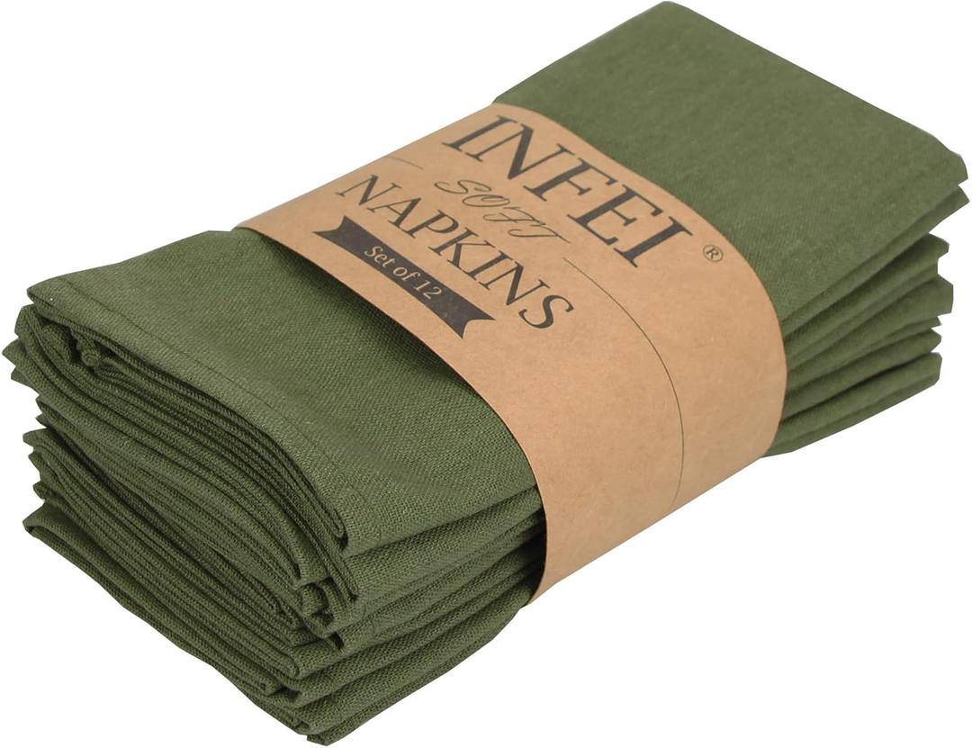 Solid Color Linen Blended Thin Dinner Napkins - Pack of 12 (40 x 40 cm) - for Events & Home Use (Army Green)
