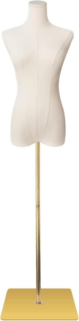 Female Mannequin Torso Women Dress Forms for Sewing Manicanequin Body High Stability Gold Metal Stand for Clothing Dress Jewelry Display Adjustable Height 50”-70” Thin Body, Beige body, Gold base