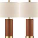 KDG 23.4" Brown PU Leather Table Lamps for Living Room Set of 2, E26 Socket LED Modern Home Decor Fabric Lampshade Desk Lamp Lighitng for Bedroom, Bedside, Farmhouse, Nightstand, Night Light