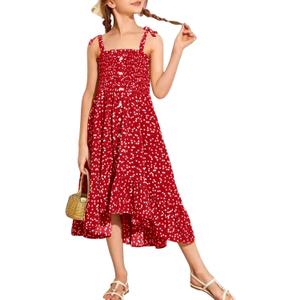 Rolmama Girls Summer Dress Kids Sleeveless Tie Strap Boho Beach Midi Dress Smocked Ruffle Flowy Sundresses Red Size 160