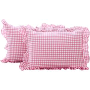2 Pack Pink and White Plaid Ruffle Gingham King Size Pillow Shams 20x36 inches, Washed Cotton Checkered Farmhouse Pillow Covers for Bed/Sofa (20x36 inches, Pink/White Plaid)