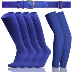 2 Pair Youth Softball/Baseball Socks - 1 Baseball Belt and 1 Baseball Arm Sleeve Combo for Men and Boy (Youth, Royal Blue)