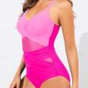 Women’s Mesh One Piece Swimsuits - Tummy Control Cutout Bathing Suit Push Up Slimming Swimwear 2025 (Pink, L)