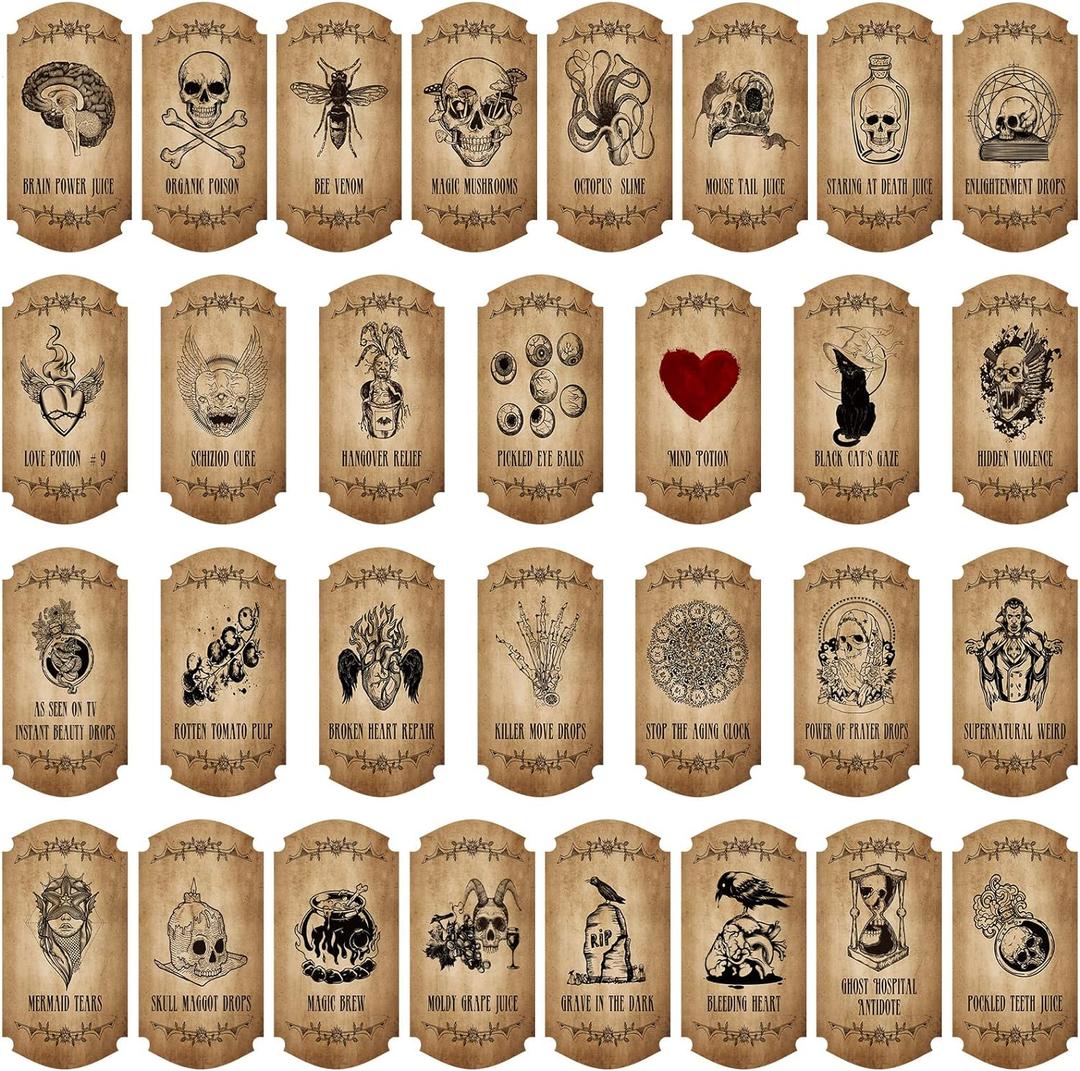 Jetec 120 Pcs Halloween Creepy Apothecary Bottle Labels Animal Medicine Bottle Stickers Potions Labels Waterproof Vintage Laminated Stickers for Party Supplies Decoration Photo Props, 30 Styles