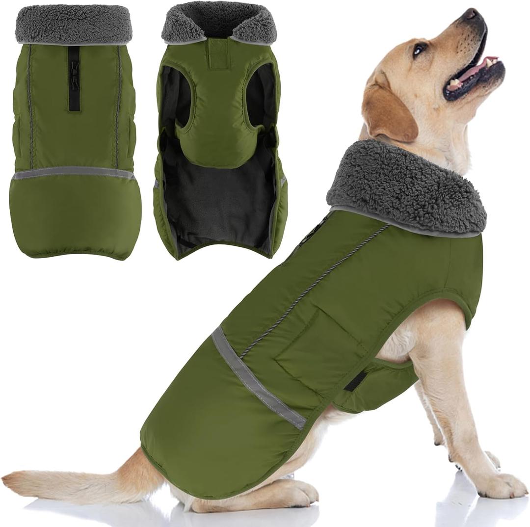 Doglay Dog Coat, Waterproof Dog Jacket Pet Winter Coat for Cold Weather with Thicken Furry Collar, Reflective Puppy Winter Jacket Warm Fleece Lining for Small Medium Large Pets (M(Chest : 15.75-23.6" , Back : 13.38"), Army Green)
