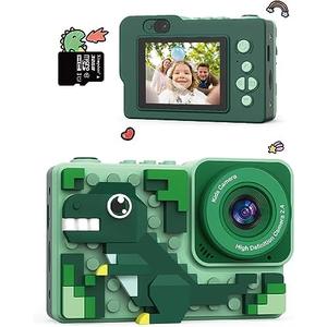 Kids Dinosaur Digital Camera Toys: Kizeefun 3-12 Year Old Boys Girls for Christmas Birthday, Mini HD Selfie Video Baby Camera for 3 4 5 6 7 8 9 Toddler Children with 32GB Card