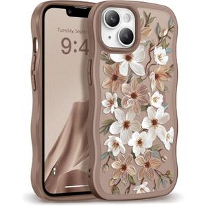 GVIEWIN Cute for iPhone 14 Case & iPhone 13 Case [Compatible with MagSafe] [Curly Wave Edge] Floral Translucent Magnetic Shockproof Protective Phone Cover for iPhone 14/13 6.1'', Dogwood/Brown
