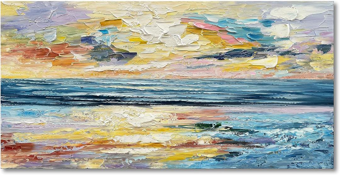 Art Hand Painted Ocean Landscape Oil Painting Sea Sunset Landscape Modern Abstract Art Home Wall Decoration 24x48 Inches (Yi031)