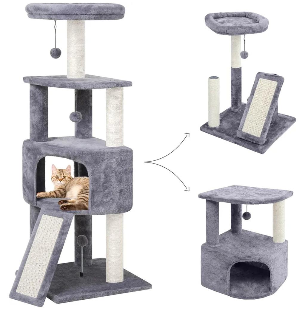 45in Cat Tree Tower with Big Condo for Indoor Kitten,Cat Tower with Scratching Post,Scratching Board and Cat Toys,Multi-Level,Small Space,Transformer Cat Tree, Grey(New)