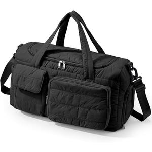 Gym Bag for Women, Cute Travel Duffel Bag with Shoe Compartment & Wet Pocket, Lightweight Puffer Weekender Overnight Bag, Travel Carry On for Sport, Hospital, Yoga (Black)
