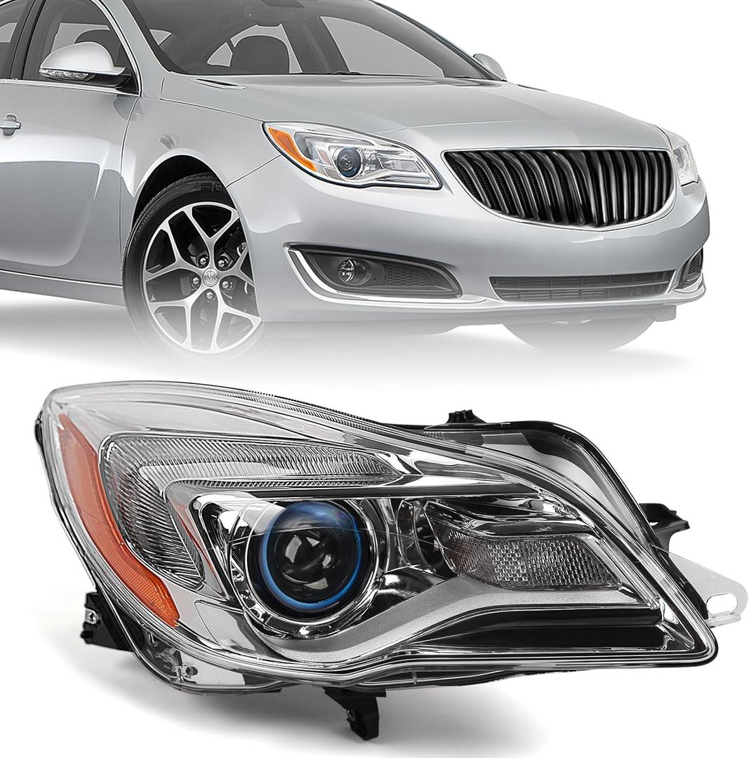 FIONE Headlights Assembly Compatible with Buick Regal Sedan 2014-2017 Halogen Projector Headlight Chrome Replacement Passenger Right Side 13409903 GM2503413 (RH)
