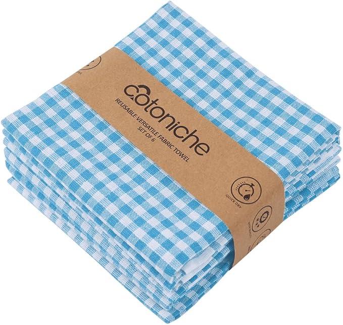 Cotoniche 6 Pack Dish Towels - Drying & Checkered (19" x 27") Cute, Absorbent, Reusable and Washable Versatile, Perfect as Bread and Kitchen Towel, Wash Cloth, Bar Towels - Blue