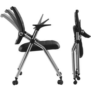 Foldable Office Chair,Folding Office Chair with Wheels, Leather Conference Training Chairs,Portable Padded Office Chairs. Backrest Bouncy,for Home Office Conference Gaming.Black(1 Pcs)