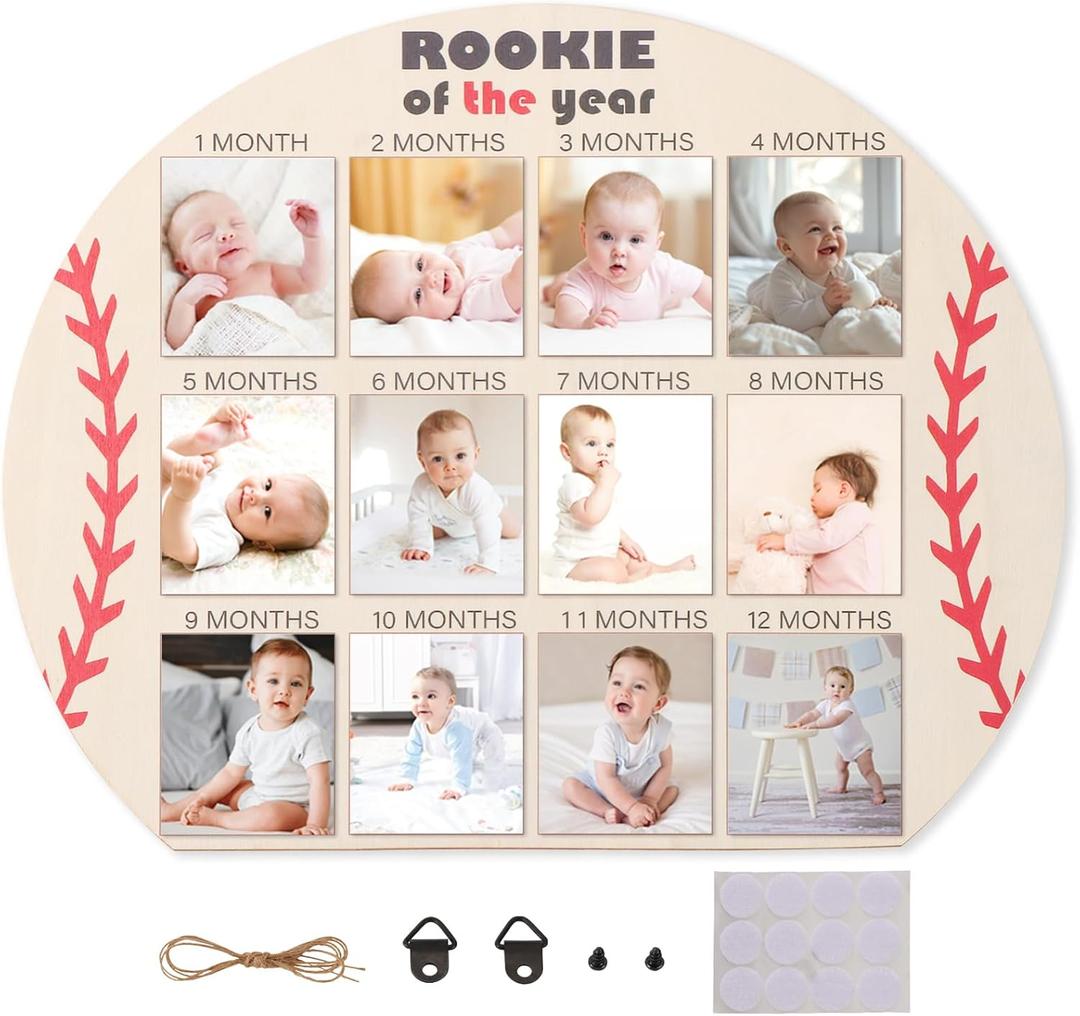 Rookie of the Year Photo Board from 1-12 Months My First Year Baseball Milestone Monthly Sign for First Birthday Party Decorations Wooden Picture Board for Boy One Birthday Baseball Nursery Decor Baby Keepsake Gift
