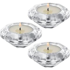 OwnMy Set of 3 Crystal Tea Light Holders Small Round Votive Candle Holders, Clear Crystal Diamond Shaped Tealight Candle Stands for Wedding Table Centerpieces Living Room Table Decors