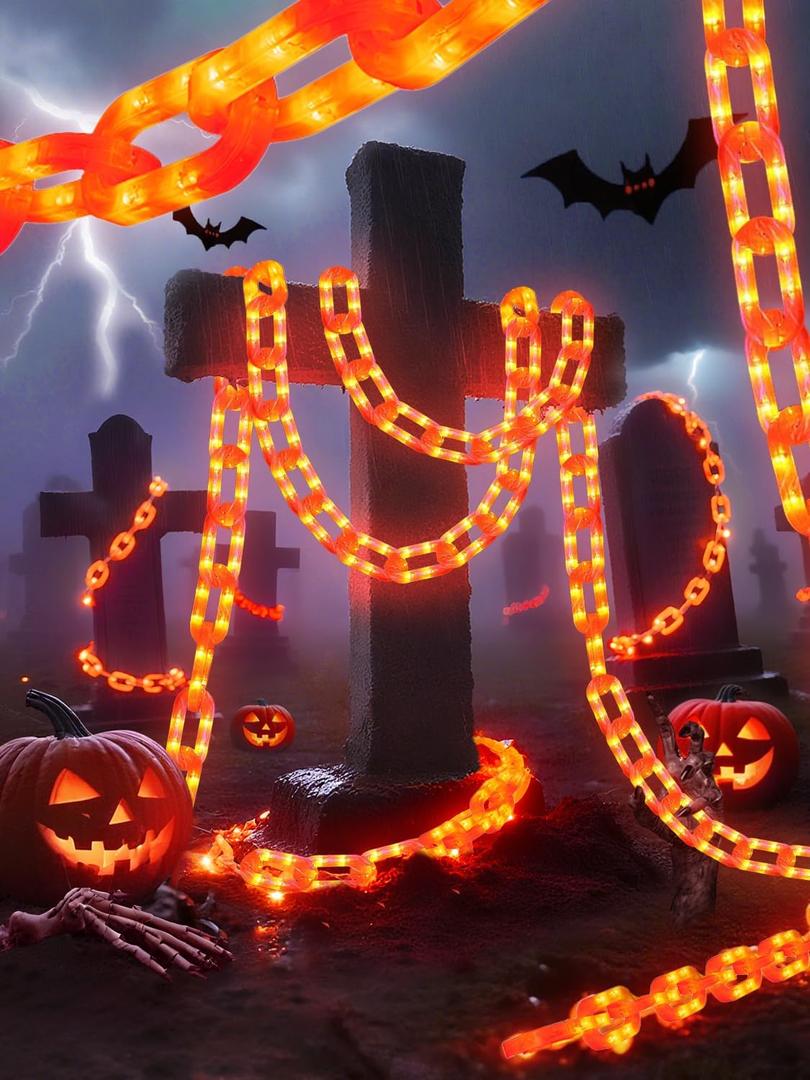 Halloween Chain Lights  10 Ft 160 LED Orange Plastic Chains, Battery Operated Halloween Decorations with 8 Lighting Modes & Timer, Spooky Haunted House & Party Decor