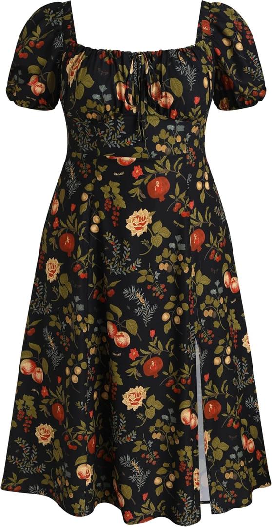 CIDER Plus Size Midi Dress Summer Fruit Patterned Square Neck Puff Sleeve Boho Vacation Casual Midi Dress for Curvy Women (2X, Multicolor)