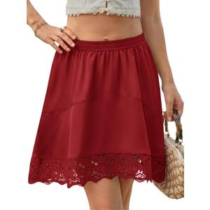 Yousify Womens Summer Mini Skirts Y2K Lace Trim Skirt Casual High Waisted Satin Silk Flowy Going Out Beach Short Skirt (Red, S)