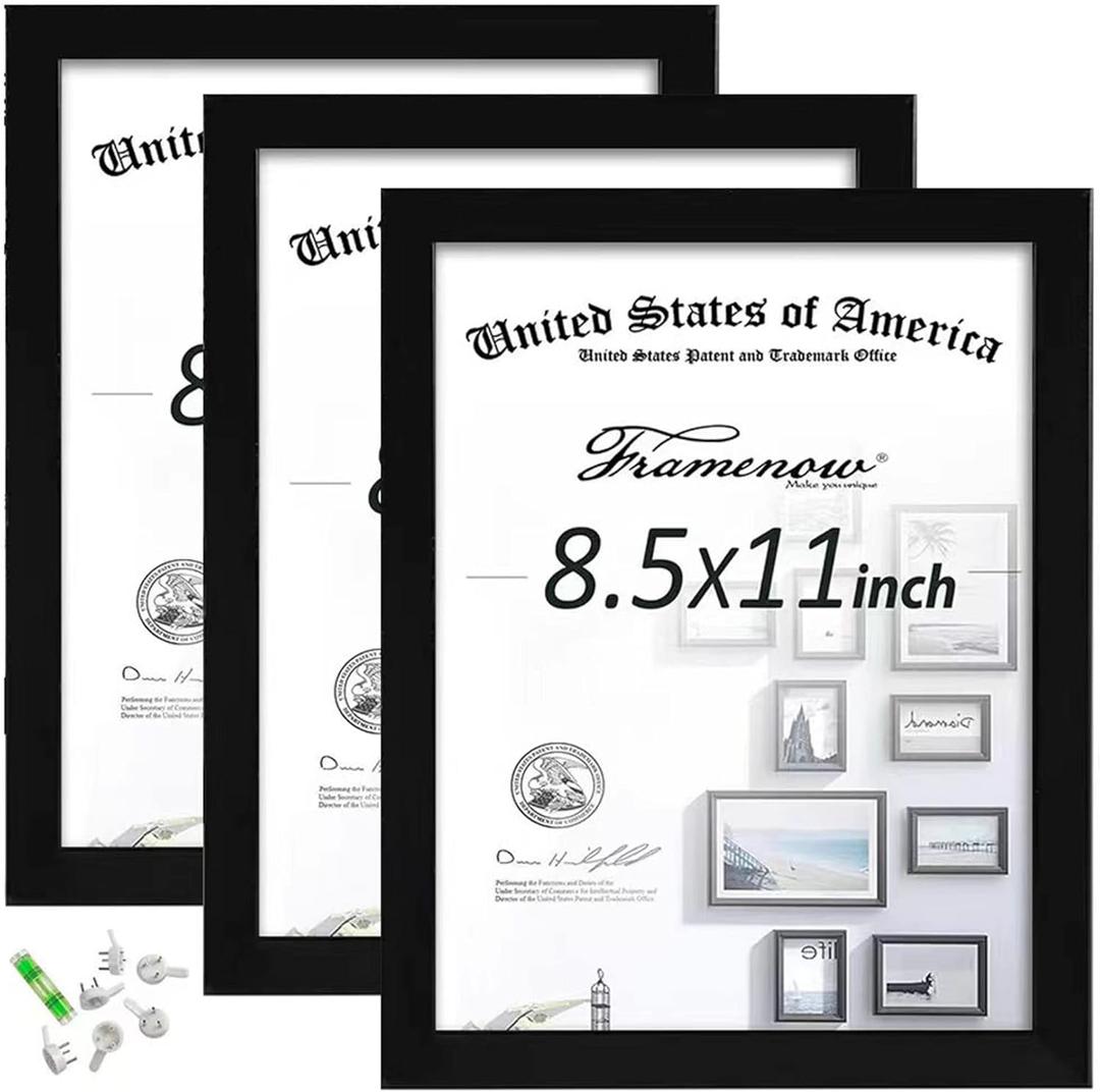 Framenow 8.5x11 Picture Frames Set of 3, Shatter-Resistant Glass Display Certificate or Pictures 8.5 by 11,To Wall and Tabletop Mounting, black.