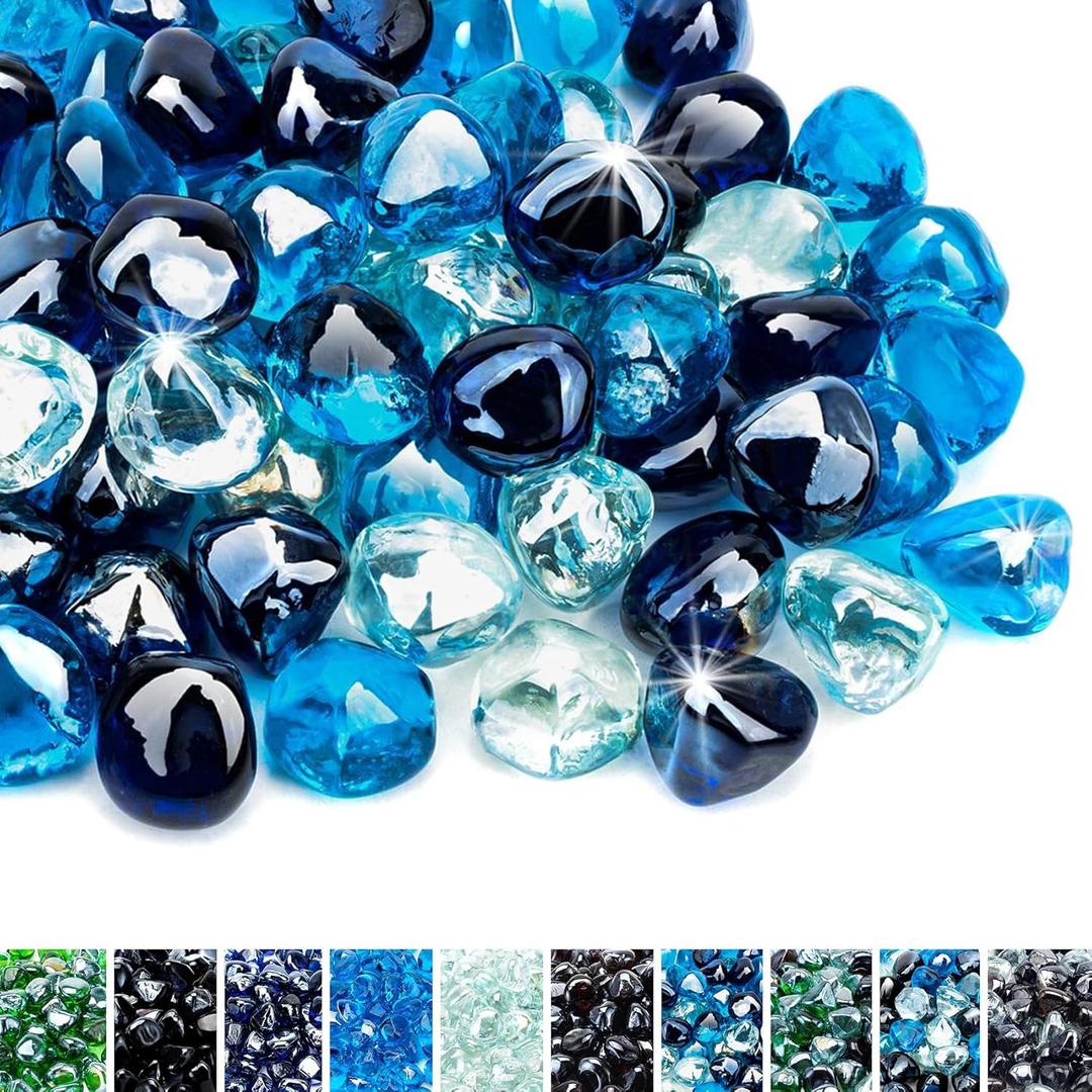 Skyflame 10-Pound Blended Fire Glass Diamonds for Fire Pit Fireplace Landscaping, 1/2 Inch Cobalt Blue, Crystal Ice, Caribbean Blue Luster