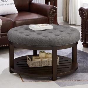 24KF Large Round Upholstered Tufted Linen Ottoman Coffee Table, Large Footrest Ottoman with Wood Shelf Storage,Dark Gray
