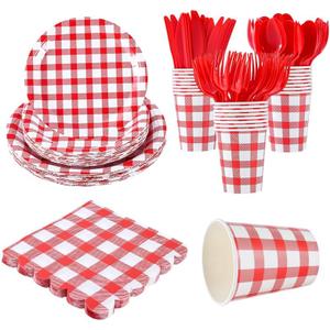 168Pcs Gingham Party Supplies for 24 Guests Thick Napkins and Paper Plates Knives Spoons Forks Cups Disposable Tableware Set Cutlery for Dinner Baby Shower Wedding Favor(Red)