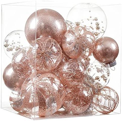 Clear Christmas Ball Ornaments,20ct Shatterproof Plastic Decorative Christmas Ornaments Hanging Xmas Tree Baubles Set with Stuffed Delicate Glittering Decorations for Holiday Party Decor(Rose Gold)