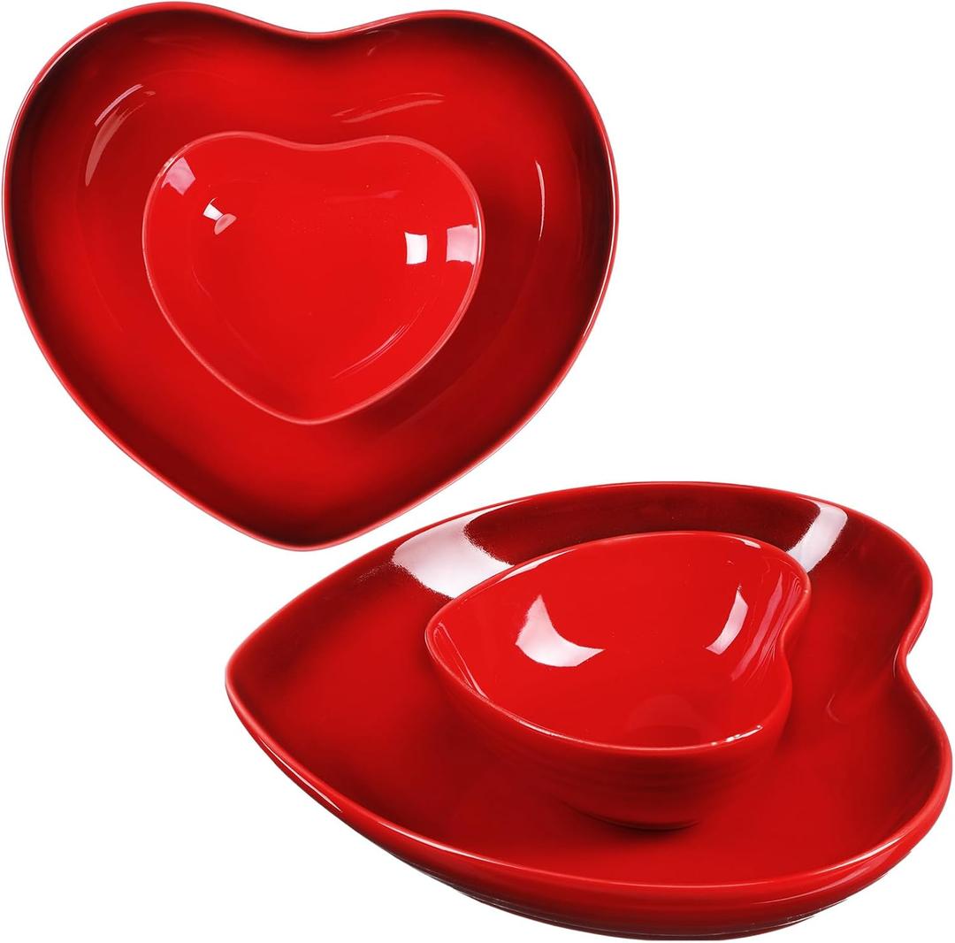 Tioncy 2 Set Heart Shaped Bowls and Plates Set Ceramic Valentine Dinnerware Dish Bowls Dinner Salad Dessert Appetizer Plates for Valentine Wedding Anniversary Baking Kitchen Party Supplies(Red)