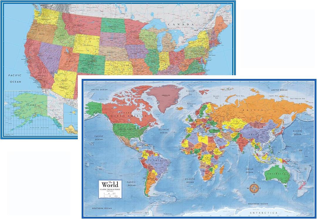 24x36 World and USA Classic Premier 3D Two Wall Map Set (Laminated)