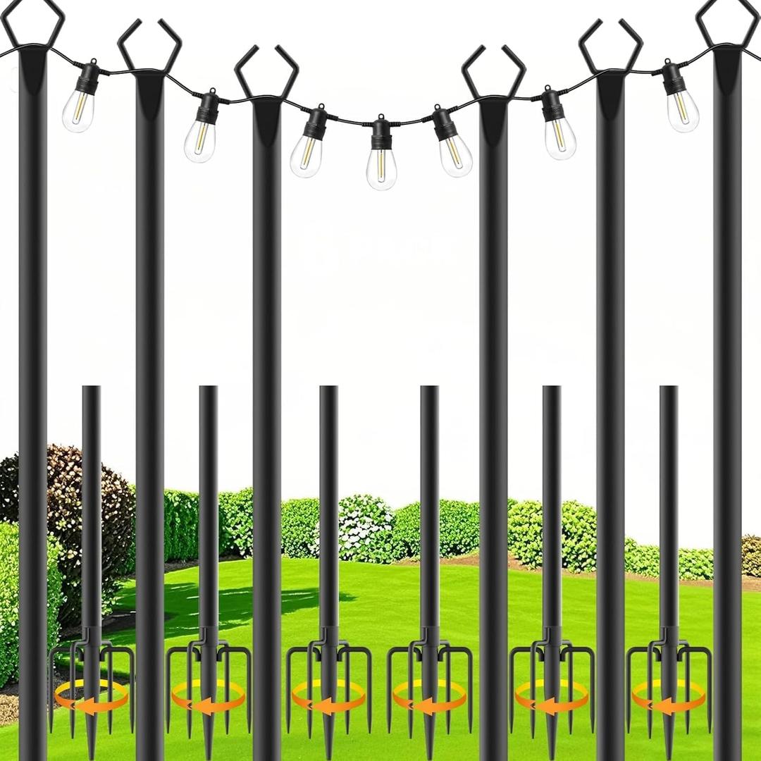 zoegi 6 Pack 10Ft String Light Poles,Light Poles for Outside Lights with Fork,Outdoor Brackets Hanging Lights,Metal Stand for Deck Patio,Backyard,Wedding,Deck,Party