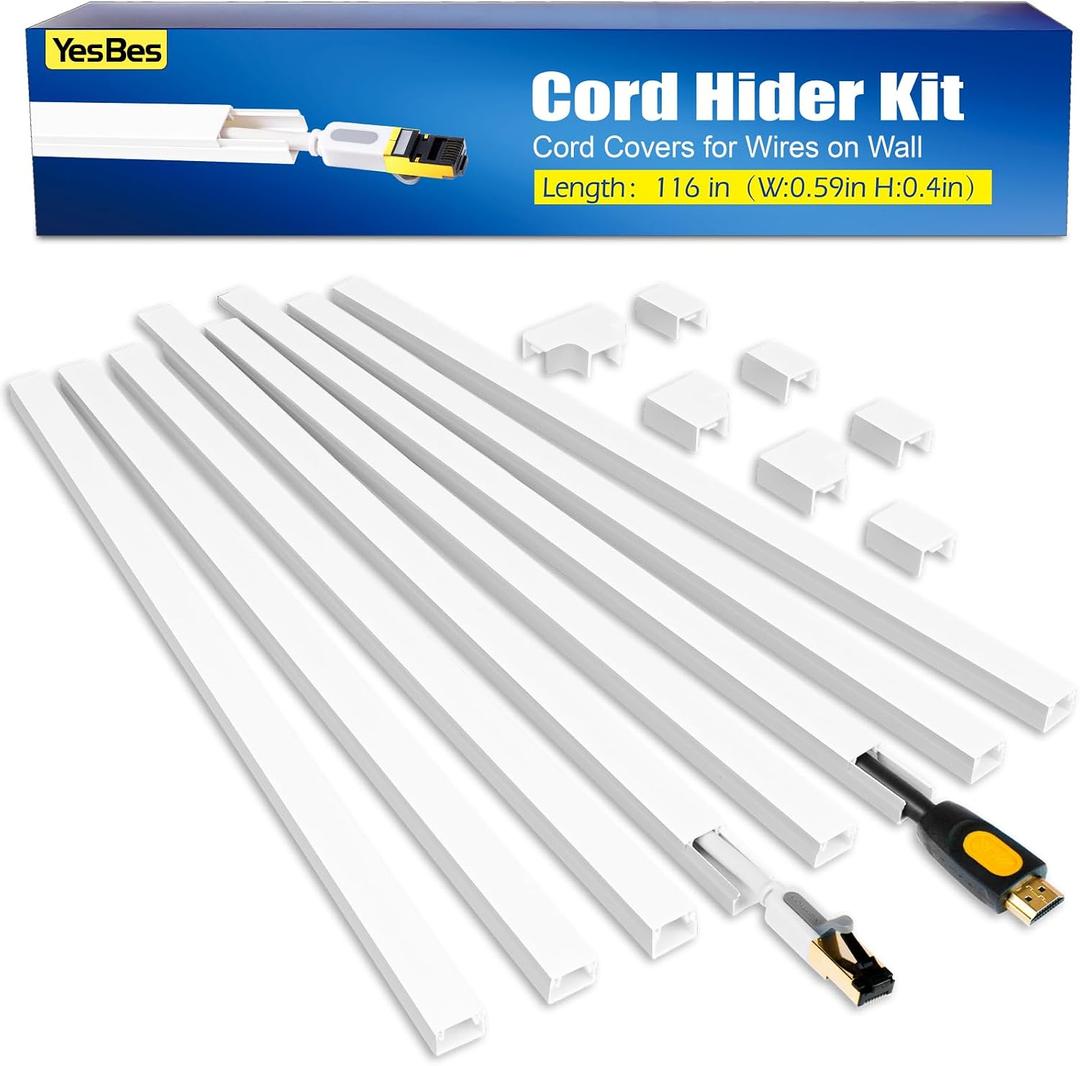 YesBes 116in Cord Hider Kit, Cord Covers for Wires on Wall, Cord Hider for Wall Mount tv, Paintable Cable Raceway, tv Cable Hider Wall kit, Wire Covers for Cords, W0.59in X H0.4in, White