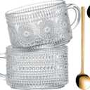 Gezzeny Vintage Glass Coffee Mugs 14 Oz Set of 2 Clear Embossed Tea Cups, Glass Coffee Cups for Cappuccino, Latte, Cereal, Yogurt, Beverage Christmas Thanksgiving Gifts (Translucent)