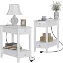 Treocho End Tables Living Room Set of 2, Narrow Side Table with Charging Station, White Table Bedside Sofa for Small Spaces, Living Room, Bedroom