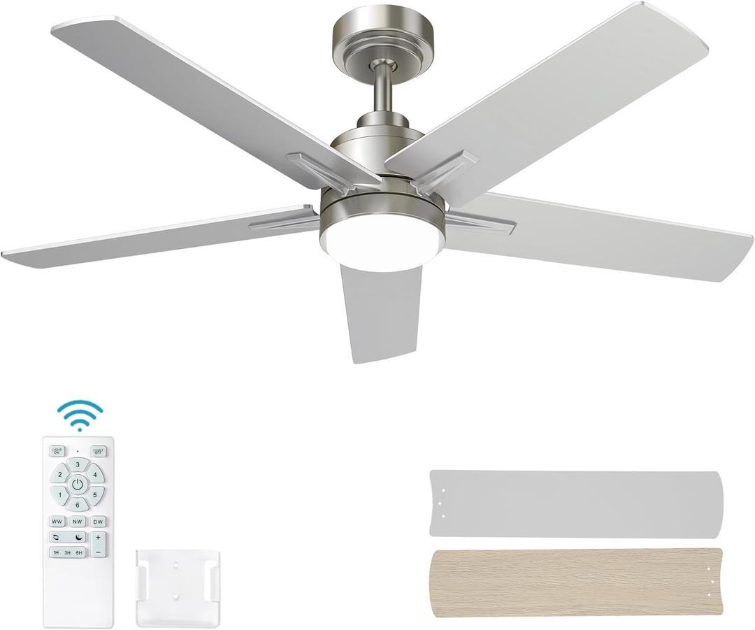 52 Inch Brushed Nickel Ceiling Fan with Light and Remote Control,Dimmable 3 Color Temperatures LED Ceiling Fan,6 Speeds Reversible DC Motor,5 Blades Modern Ceiling Fans for Indoor or Covered Outdoor