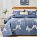 Yogeneg King Size Quilt Set,White Butterfly Botanical Pattern Blush Grey Bedding Set,3 Piece Lightweight Soft Summer Bedspread Coverlet with 2 PIillow Sham for All Season(Butterfly,110"x96")