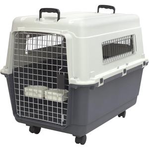 SportPet Airline Compliant LARGE 31.5" Travel Dog Kennel-Durable Plastic Airline Pet Carrier w/ Removable Wheels & Food Bowls, Collapsible Indoor/Outdoor Dog Kennel, Dogs up to 28"L & 20"H-Cream/Gray