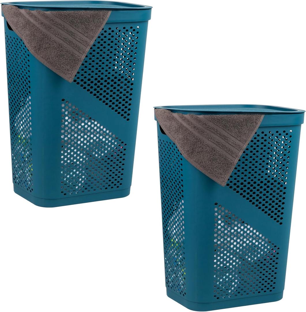 Mind Reader 60L Slim Laundry Hamper, Clothes Basket, Lid, Ventilated, Plastic, Set of 2, Blue, 2-Pack