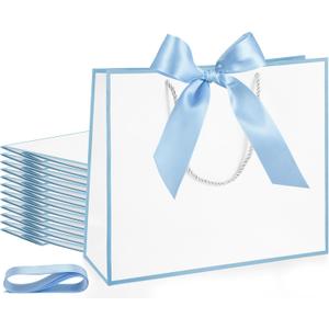 Silkfly 12 Pcs Thank You Gift Bags with Handle 12x10x4'' Welcome Elegant Gifts Bag with Bow Ribbon for Mother's Day Wedding Graduation Bridesmaid Baby Shower Birthday Housewarming (White,Light Blue)