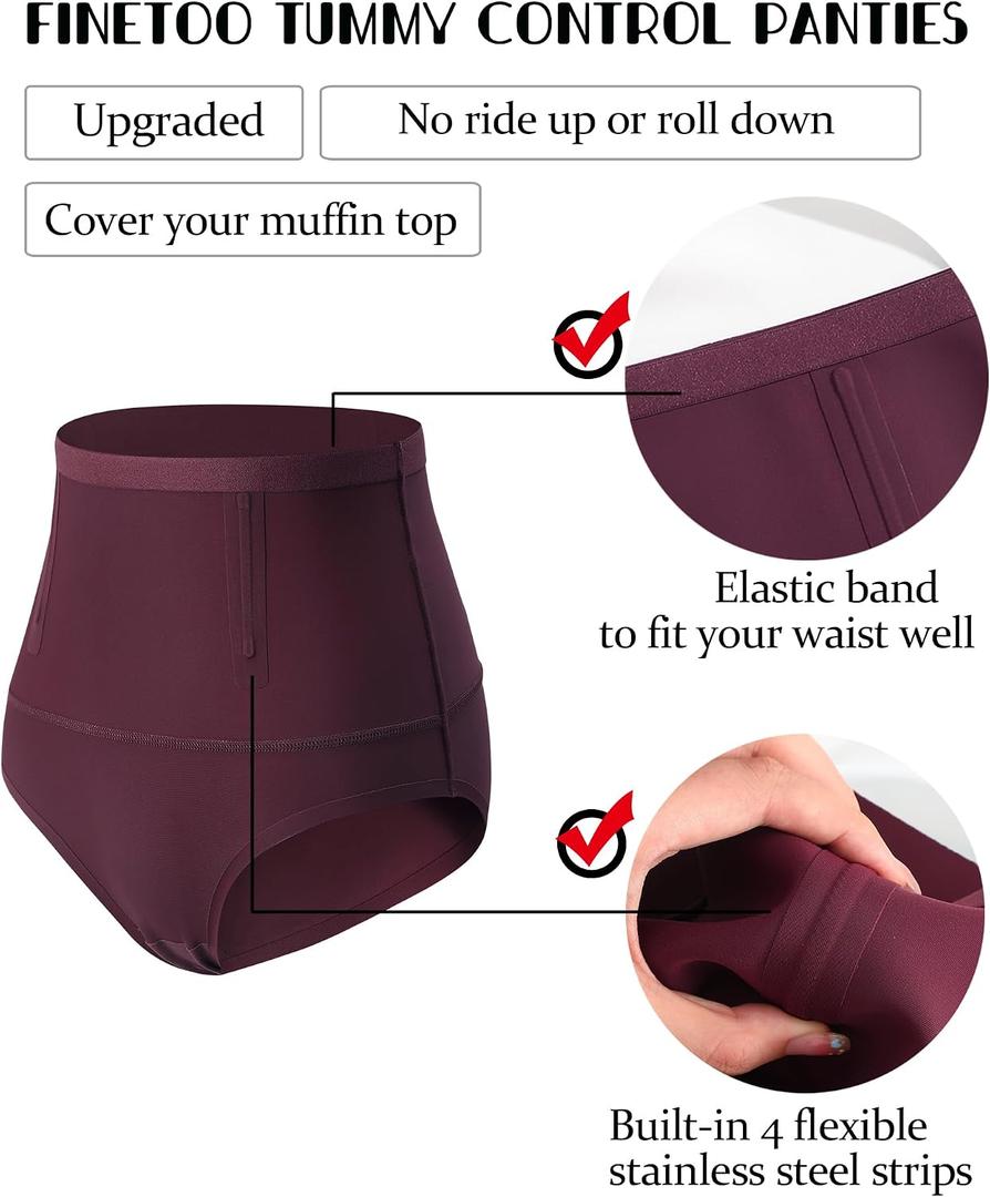 2pcs FINETOO Tummy Control Underwear Shapewear for Women Seamless High Waisted Panties Moderate Control Briefs (L)