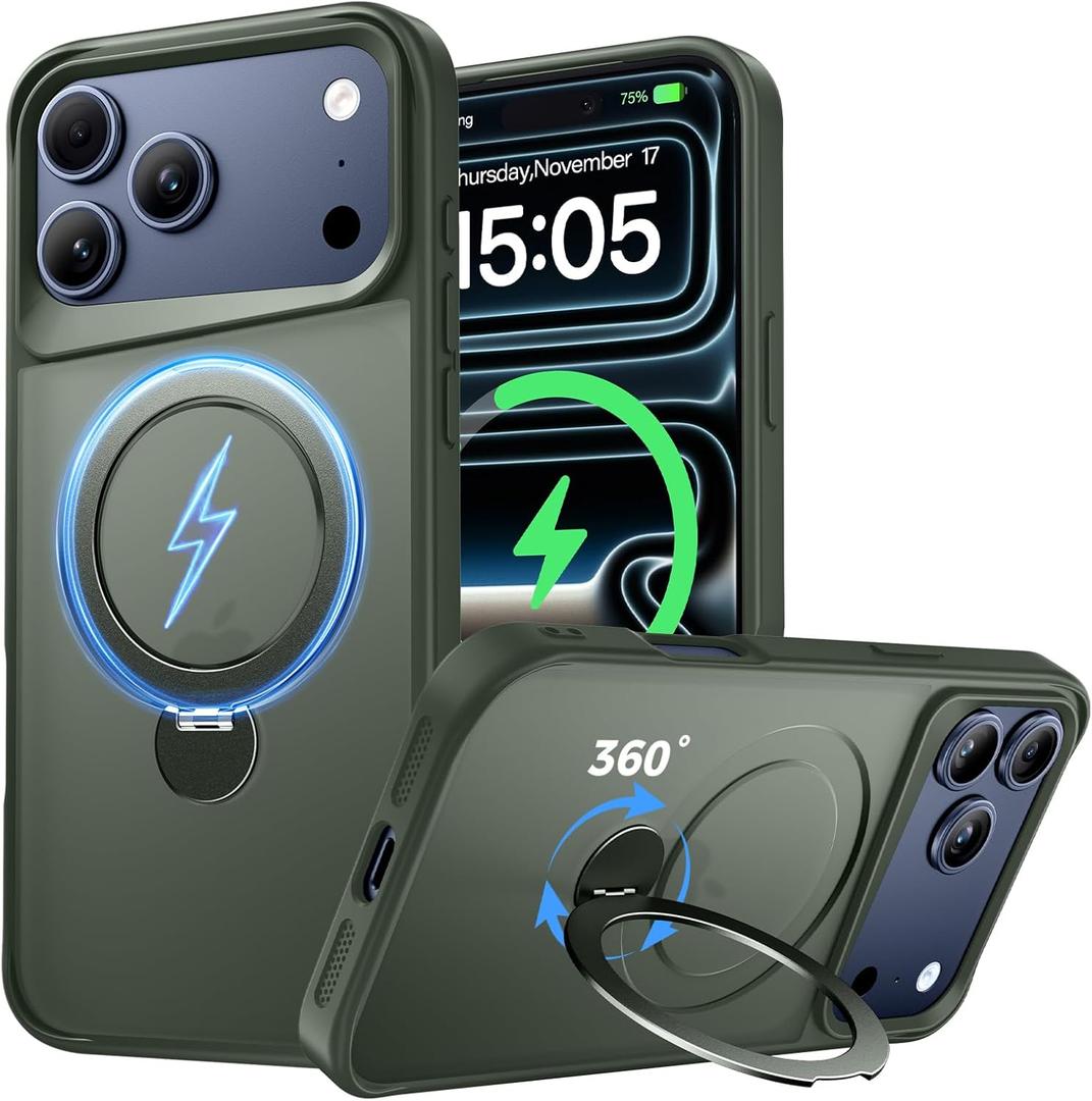 Designed for iPhone 17 Pro Max Case, with 360 Magnetic Stand [Compatible with MagSafe] [Military Drop Protection] Shockproof Translucent Matte Case for 17 Pro Max 6.9", Alpine Green
