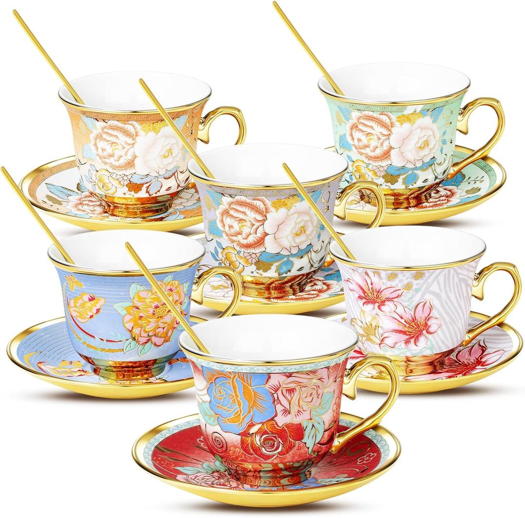 Tea Cups and Saucers Sets of 6, 8 Oz Floral Tea Cups with Spoons Ceramic Cup and Saucer Set for Cappuccino, Espresso, Coffee, Cafe, Latte, Tea for Tea Birthday (Large)